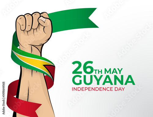 Vector illustration of Happy Independence Day greeting card for the country of Guyana with clenched fists and a flag ribbon. Use for banners on a white background