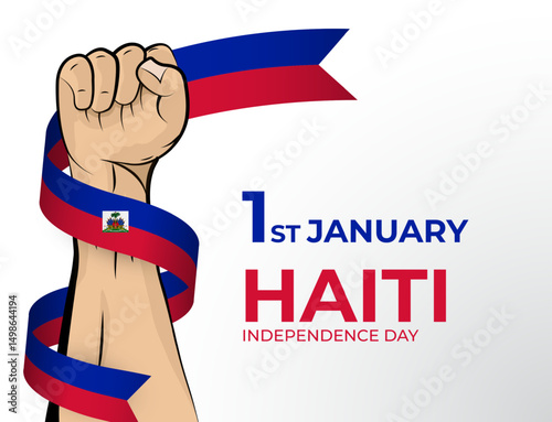 Vector illustration of Happy Independence Day greeting card for the country of Haiti with clenched fists and a flag ribbon. Use for banners on a white background