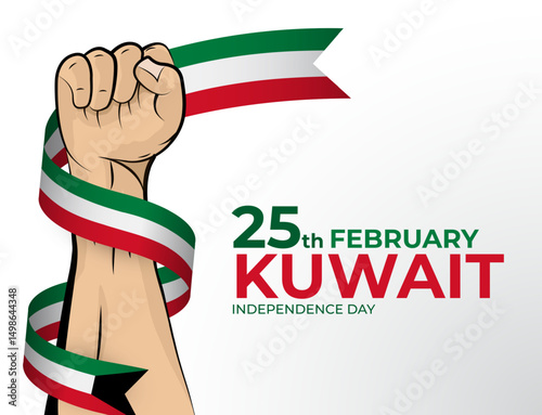 Vector illustration of Happy Independence Day greeting card for the country of Kuwait with clenched fists and a flag ribbon. Use for banners on a white background