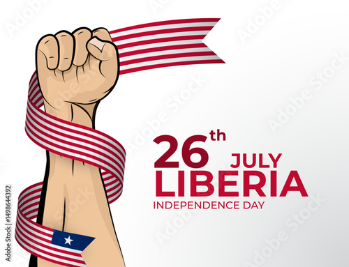 Vector illustration of Happy Independence Day greeting card for the country of Liberia with clenched fists and a flag ribbon. Use for banners on a white background