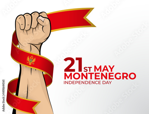 Vector illustration of Happy Independence Day greeting card for the country of Montenegro with clenched fists and a flag ribbon. Use for banners on a white background