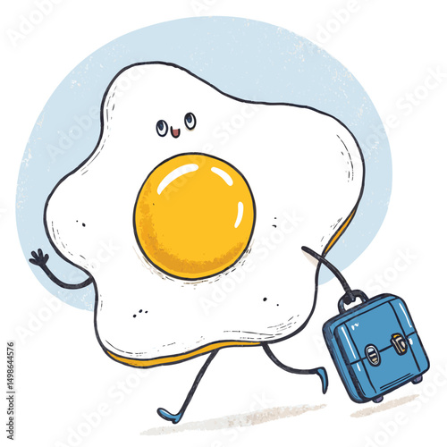 A sunny-side-up fried egg, burdened by miniature suitcases overflowing with tiny emotional burdens, sits forlornly in a miniature suitcase.