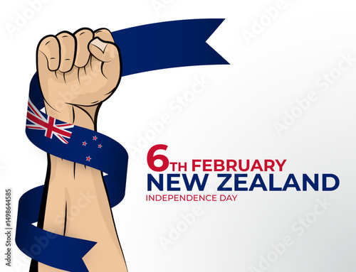 Vector illustration of Happy Independence Day greeting card for the country of New Zealand with clenched fists and a flag ribbon. Use for banners on a white background