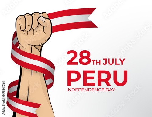 Vector illustration of Happy Independence Day greeting card for the country of Peru with clenched fists and a flag ribbon. Use for banners on a white background