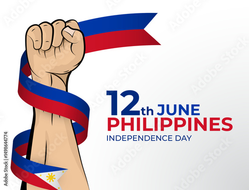Vector illustration of Happy Independence Day greeting card for the country of Philippines with clenched fists and a flag ribbon. Use for banners on a white background