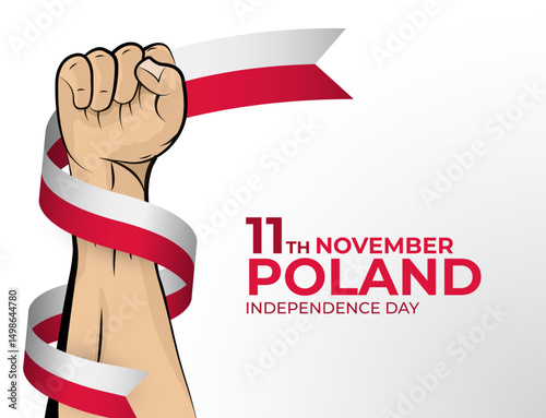 Vector illustration of Happy Independence Day greeting card for the country of Poland with clenched fists and a flag ribbon. Use for banners on a white background