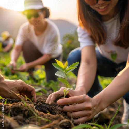 A multinational group planting trees during a sustainable reforestation initiative in a lush green landscape, working together to restore the environment and promote community-driven climate action