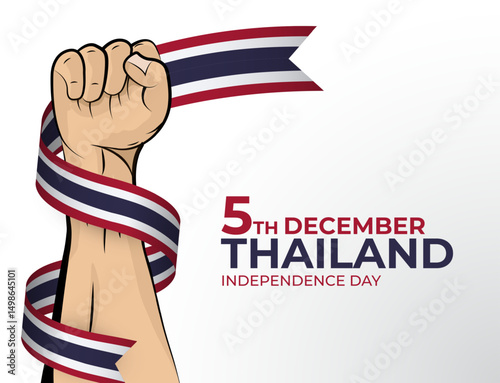 Vector illustration of Happy Independence Day greeting card for the country of Thailand with clenched fists and a flag ribbon. Use for banners on a white background