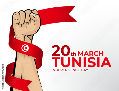 Vector illustration of Happy Independence Day greeting card for the country of Tunisia with clenched fists and a flag ribbon. Use for banners on a white background