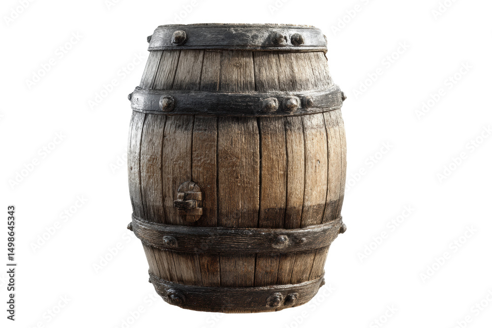 Obraz premium Rustic wooden barrel with metal bands on black background, cut out