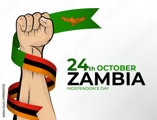 Vector illustration of Happy Independence Day greeting card for the country of Zambia with clenched fists and a flag ribbon. Use for banners on a white background