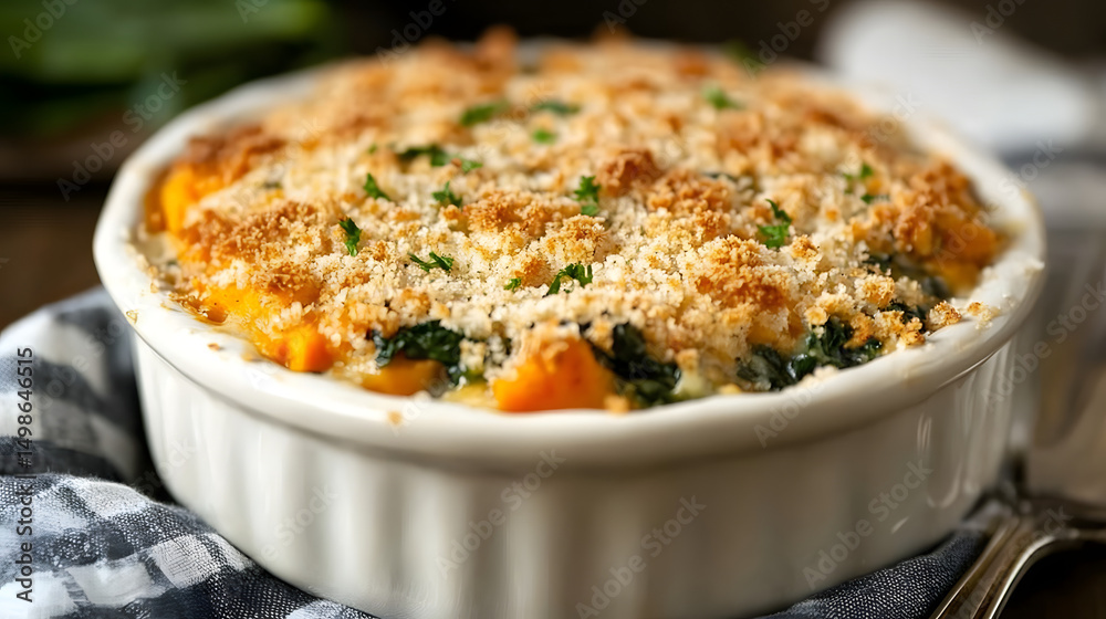 A spinach and sweet potato casserole topped with breadcrumbs and cheese. A spinach and sweet potato casserole topped with breadcrumbs and cheese.