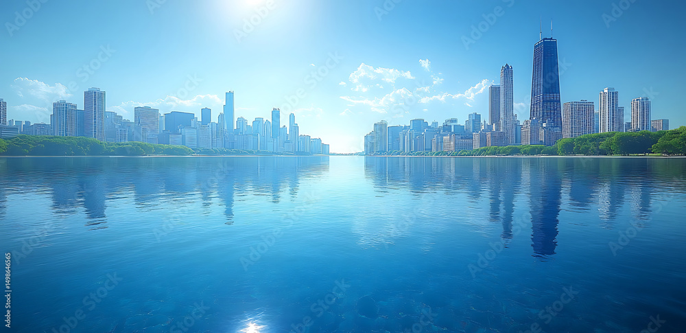 Obraz premium Chicago Skyline Reflected In Lake Michigan On A Sunny Day Urban Landscape