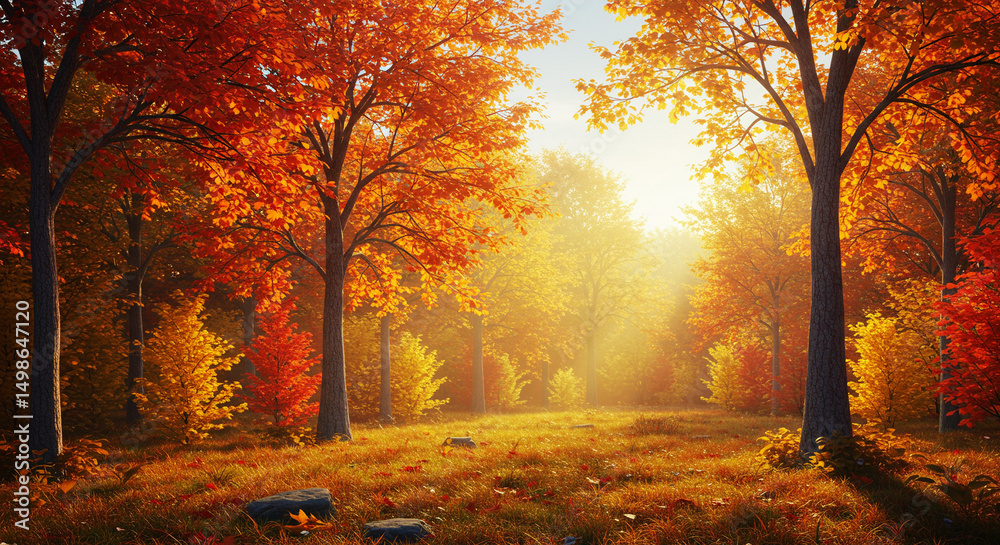 Fototapeta premium Autumnal Trees Glow in Forest, Casting Warm Light on Ground with Fallen Leaves