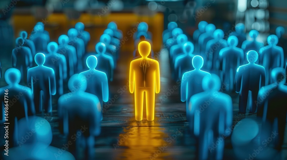 Fototapeta premium A golden figure stands out among blue ones, a powerful visual of leadership and uniqueness.