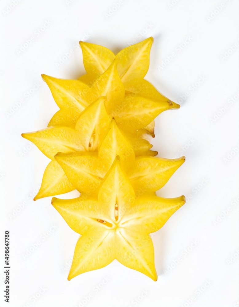 Fototapeta premium Sliced Starfruit Arranged in Fan Pattern with Cardamom Pods on Isolated White Background Composition