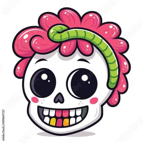 Create a cute chibi skull grinning widely, sporting vibrant gummy worm hair and a single, playful eye.  High-resolution, vibrant colors.