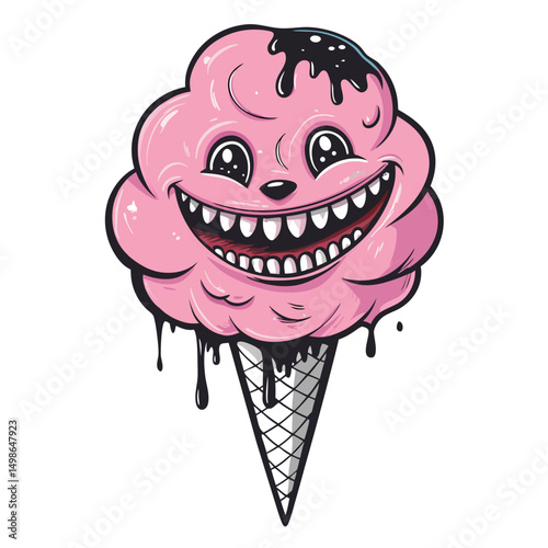 A whimsical illustration of a grinning cotton candy cloud with sharp, pointed teeth and a single black detail, possibly a spot or a shadow.