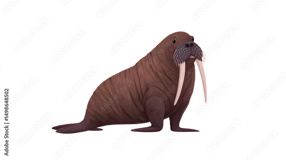 Fototapeta premium Illustration of a brown walrus with long tusks standing on a surface on transparent background