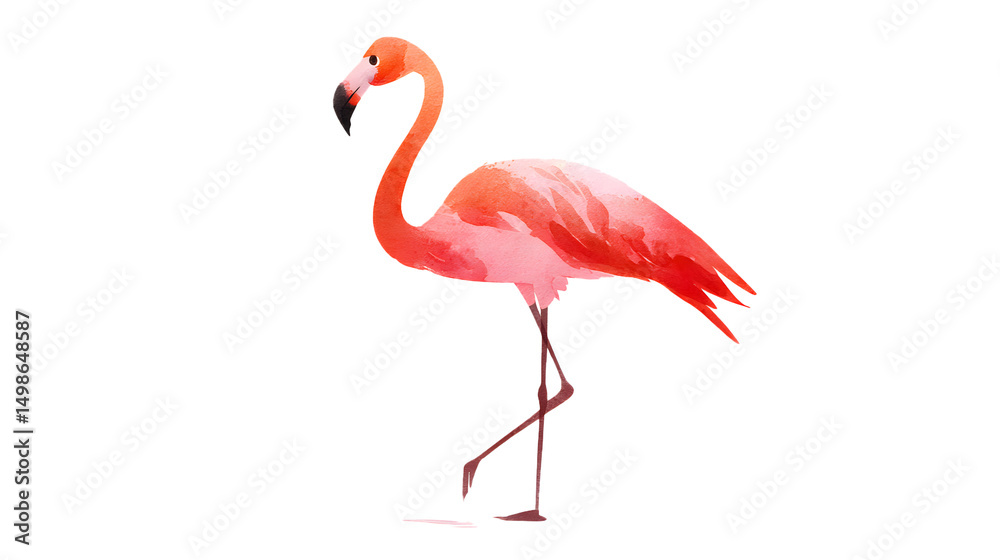 Fototapeta premium A watercolor illustration of a flamingo standing on one leg image art work on transparent background