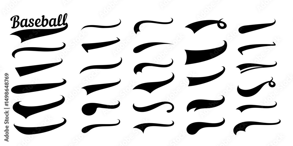 Swooshes text tails for baseball design. Sports swash underline shapes set in retro style. Swish typography font elements for athletics, baseball, football decoration. Black swirl vector line.