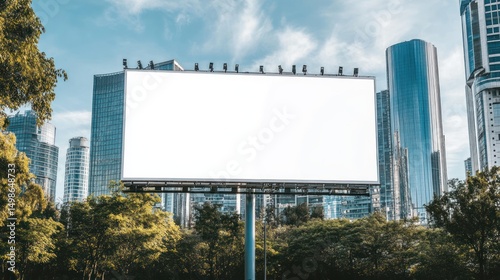 Wallpaper Mural Blank billboard in urban cityscape with modern skyscrapers and green trees on a sunny day Torontodigital.ca