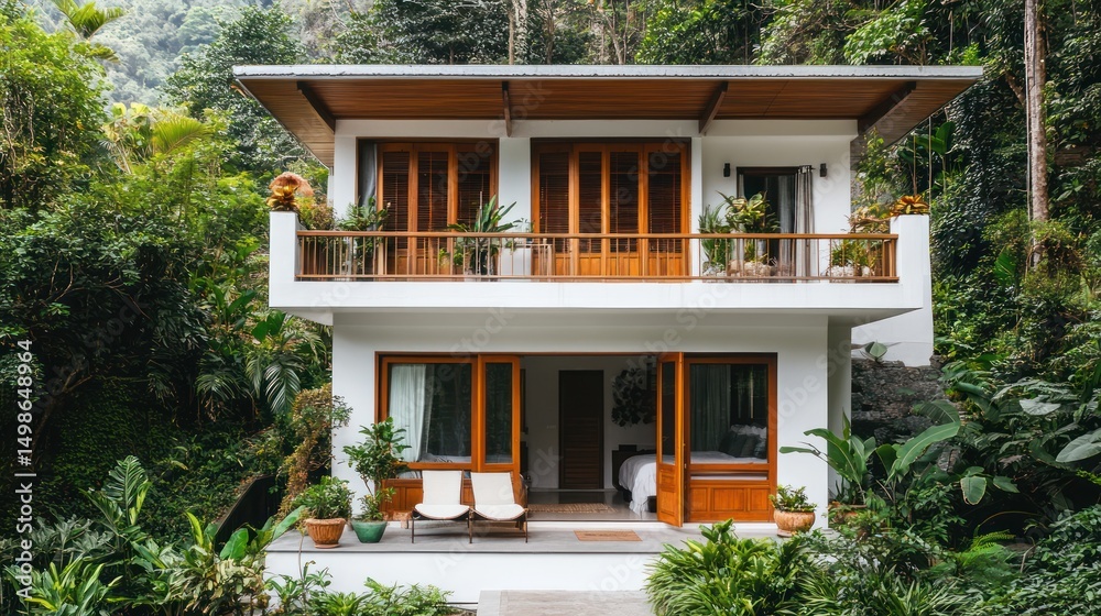 Modern two-story cabin nestled in lush rainforest. Tranquil retreat