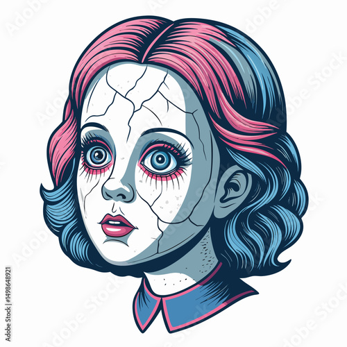 Render a hyperrealistic image of a cracked porcelain doll's head, female, showcasing horror elements;  emphasize the damage and unsettling realism.