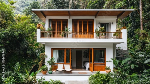 Obraz na płótnie Modern two-story cabin nestled in lush rainforest. Tranquil retreat w salonie