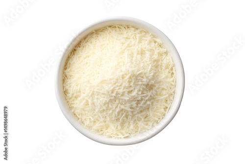 Grated parmesan cheese in white ceramic bowl, isolated on white background, cut out