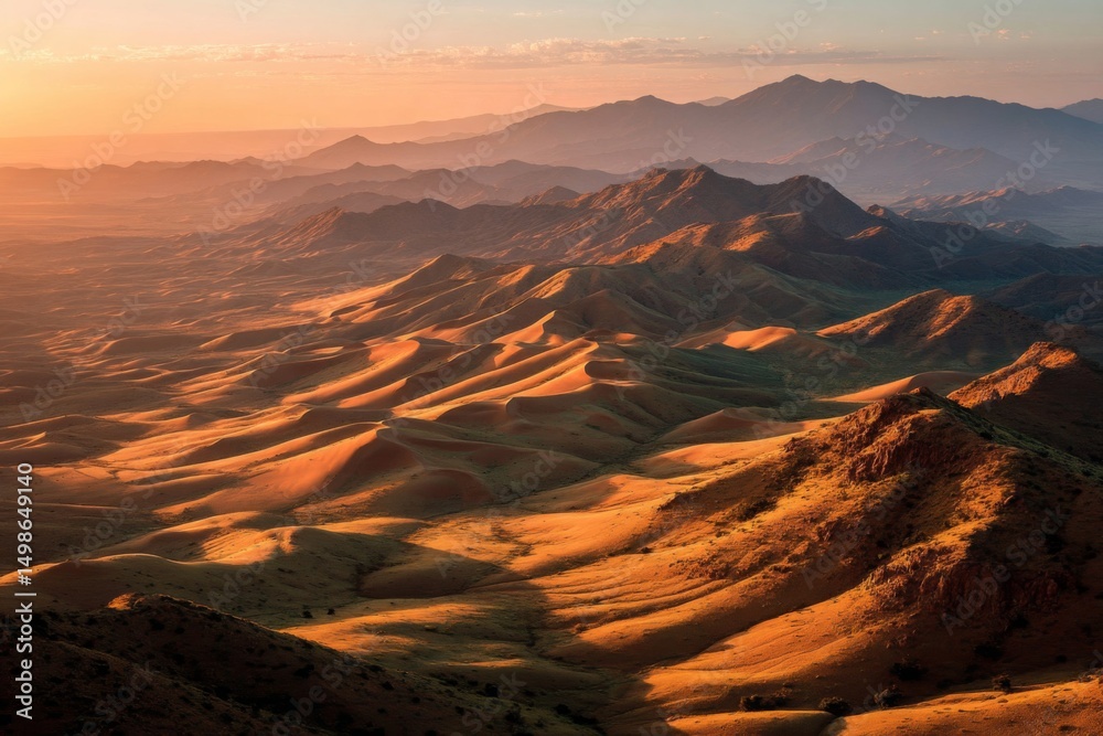 Naklejka premium Golden Sunset Over Rolling Desert Hills and Mountains