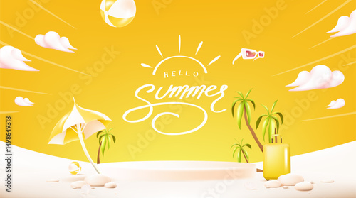 Bright and cheerful summer beach scene with palm trees vacation icons and yellow background Perfect for travel ads banners posters or holiday promotions