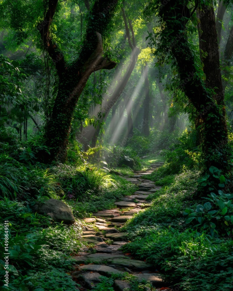 Obraz premium Sunlit Forest Path Stone Steps Lush Green Foliage