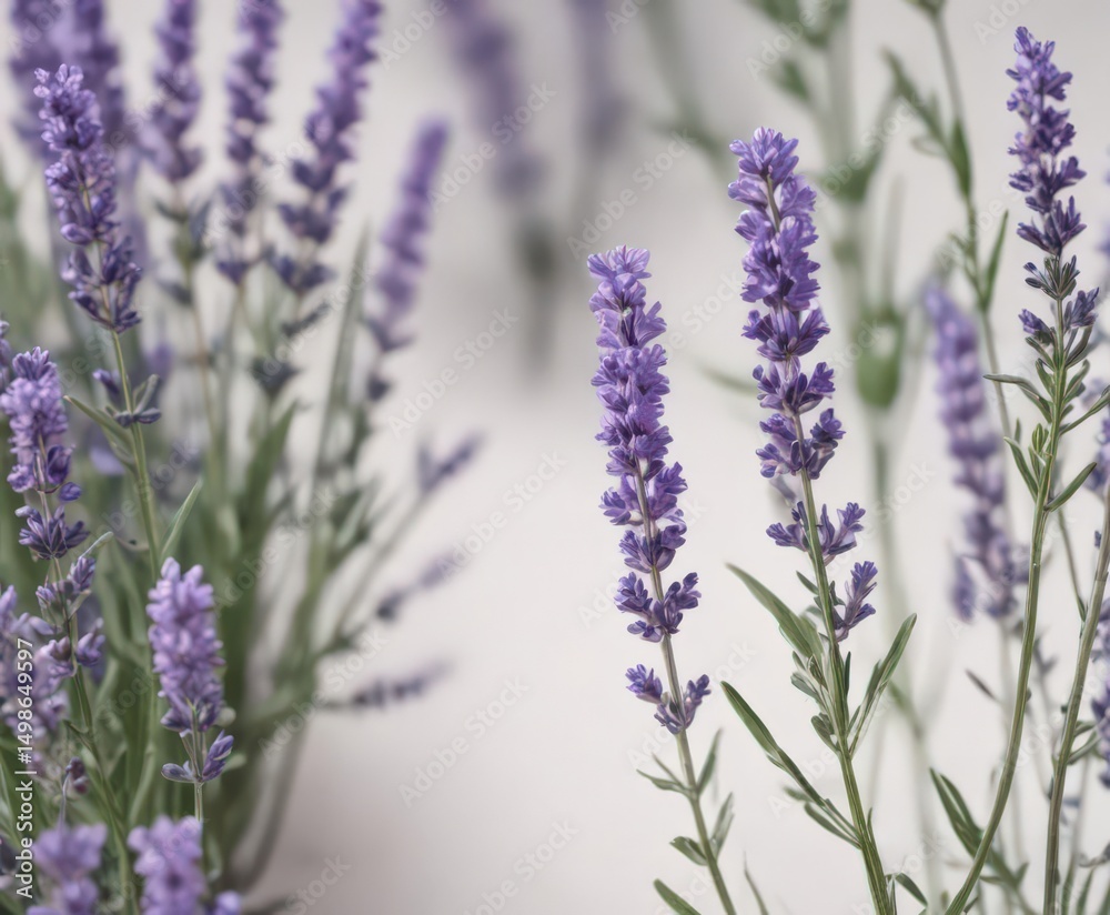 Fototapeta premium Close-up of lavender sprigs, soft purple on stark white , photography, bloom
