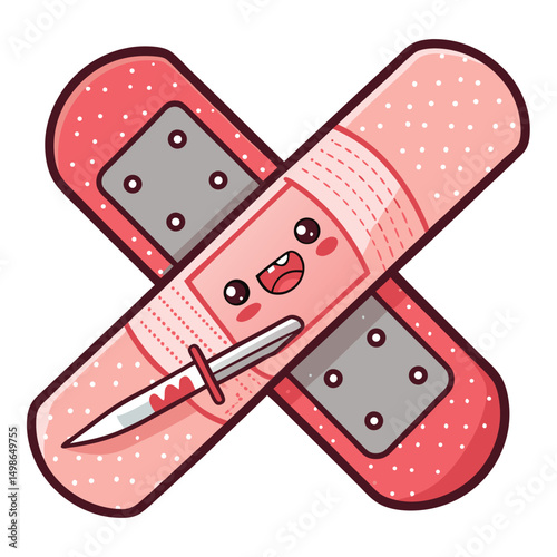 Illustrate a cute, kawaii bandage character with a small, cartoonish bleeding mouth and a tiny blade, emphasizing contrasting elements of adorable and slightly gory.