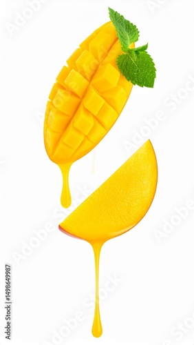 Sliced Tropical Mango with Juice Dripping and Mint Garnish on Isolated White Background