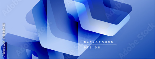 Abstract blue shapes overlap, creating dynamic visual effect. Gradient shades enhance depth, modern design aesthetic.