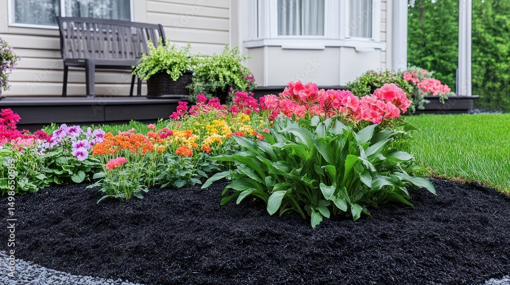 Vibrant flowerbed displays colorful blossoms and greenery, nestled against a light-beige house. Lush plantings with a variety of flower colors