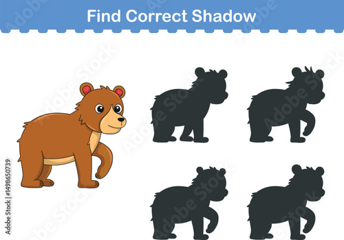 Funny cartoon bear. find the correct shadow. Kids Education games. Cartoon vector illustration
