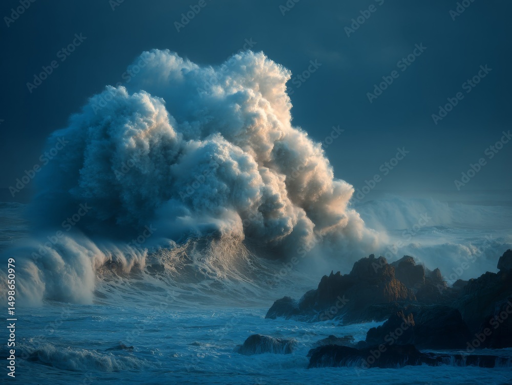 Fototapeta premium Dramatic Ocean Wave Crashing Against Rocks