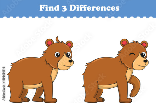 Education game for children find three differences between two bear cartoon. Vector illustration