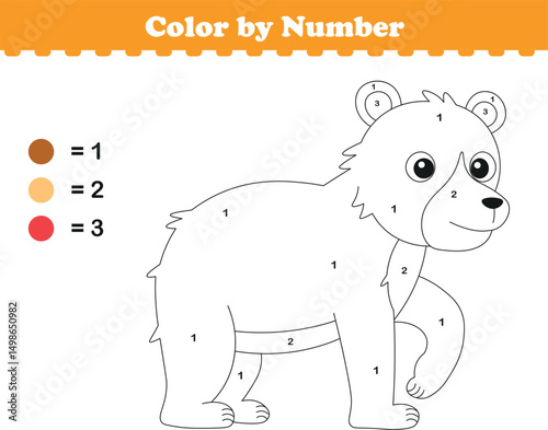 Color by numbers. Coloring page for kids. Coloring with cute bear. Vector illustration