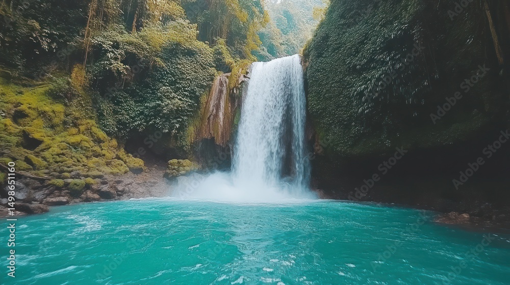 Lush waterfall cascading into vibrant turquoise pool nestled within a dense jungle