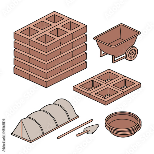 A set of Clay Bricks, lay Tiles, Ceramic Raw Materials white background