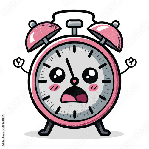 Create a cute, kawaii-style clock character, with round features, biting its own hands in a stressed expression, rendered in a simplistic, slightly melancholic style.