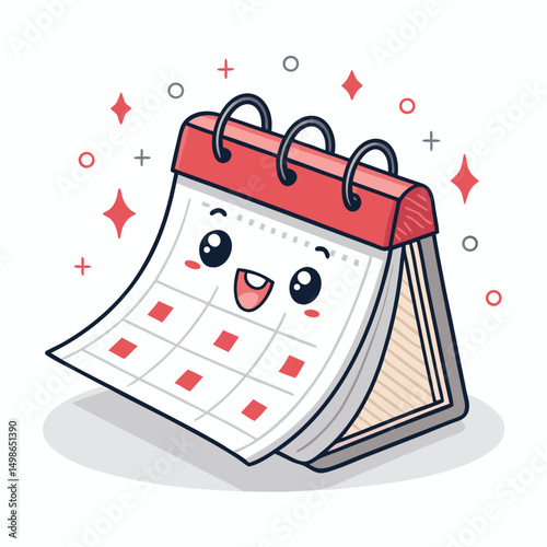 A cute, kawaii-style calendar character with rosy cheeks playfully tearing off its own white pages, revealing the next month.  Rendered in a clean, bright style.