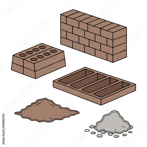 A set of Clay Bricks, lay Tiles, Ceramic Raw Materials white background
