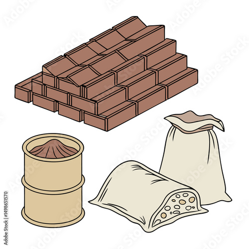 A set of Clay Bricks, lay Tiles, Ceramic Raw Materials white background