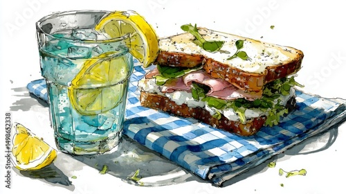 Watercolor Painting of Ham Sandwich and Lemon Water