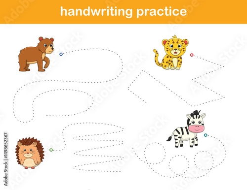 Handwriting Practice. Tracing lines for kids with animals. Vector Illustration